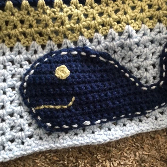 Hand made afghan/baby blanket. Blues and greens. With a whale on the bottom. - Picture 2 of 3